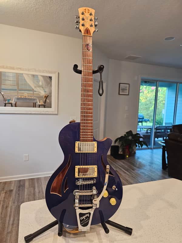 CMG (Chris Mitchell Guitars Ashlee Semi-Hollowbody 2019 - Statesboro Blue Nitrocellulose Lacquer over Flamed Maple carved top image 1