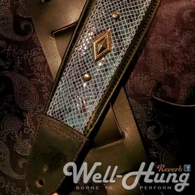 Well-Hung "Surf Diamonds" - 3" wide padded black leather comfort strap with turquoise python and metalwork image 3