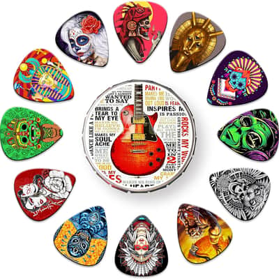 Guitar Picks 24 Pack Thin, Medium, Heavy & Extra Heavy Picks with Tin Box,Variety Pack Artistic Celluloid Guitar Pick for Bass Electric Guitar Acoustic Guitar Lovers Gift (Mix-4) image 1