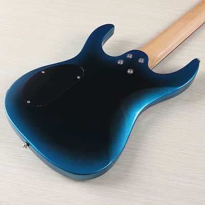 Metallic Blue 7 String Fanned Fret Custom Guitar, Solid Basswood Body with Maple Neck image 2