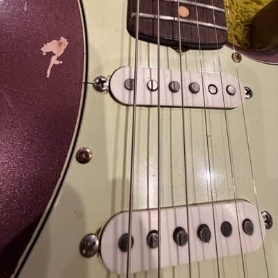 Stratocaster -1963 replica, Chunky highly figured Brazilian Rosewood slab Musikraft neck/ JM Rolph 1963 pickups/ nitro guard /mjt relic Purple Mist body/ relic gold hardware image 20