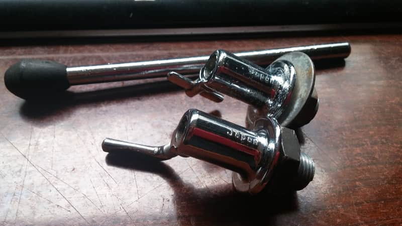 VINTAGE Japan MIJ RARE MATCHING Pearl Hoshino Stewart / Raven / Stencil PAIR Bass Drum DISAPPEARING Spur MOUNTS WITH LEGS 60's 70's image 1