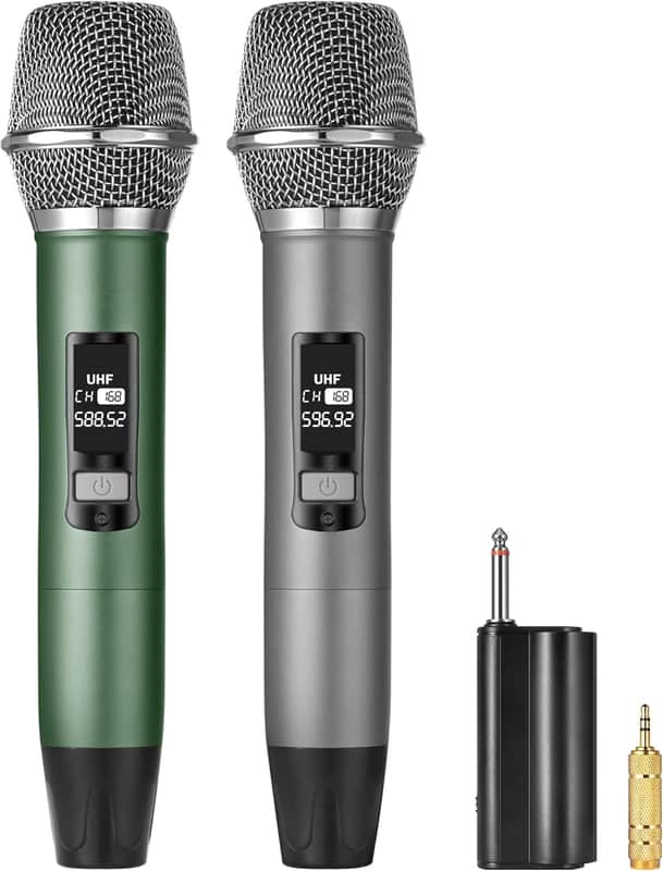 Rechargeable UHF Wireless Microphones, Two Metal Handheld Microphones with 1/4" Receiver, Plug-and-Play for Speaker & PA System, Karaoke Singsing, Lecture, Stage Performance (Green&Grey) image 1