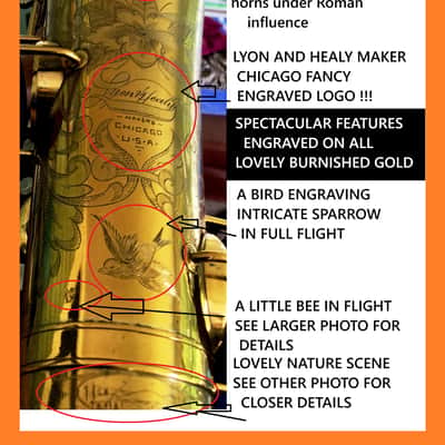 MAKE OFFER DUBBED "PAN AND PERKS" LYON AND HEALY TENOR SAXOPHONE ULTRA RARE BURNISHED GOLD PLATED ARTIST MULTI PORTRAITS TOP FINISH #6 SPECIAL ORDERED ORIGINAL MPC image 3