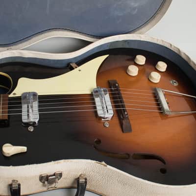 Airline  Model 7227 Arch Top Hollow Body Electric Guitar (1961), original two-tone soft shell case. image 13