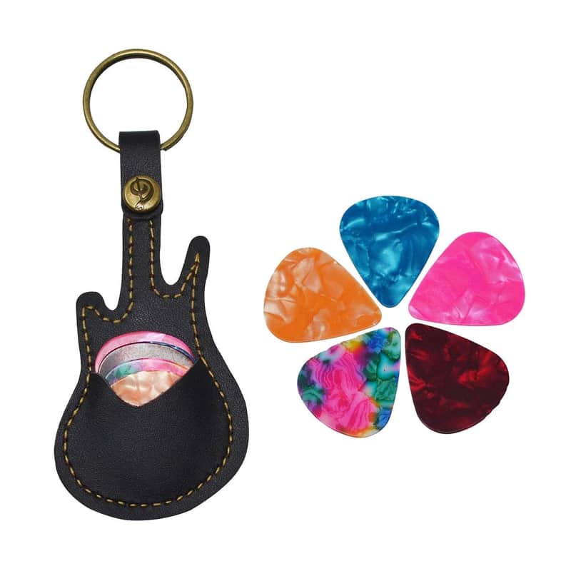 Leather Guitar Picks Case Guitar Pick Holders with Keyring Guitar Plectrums Bag for Guitar Pick Bag with 5Pcs Plectrums Gift(Black) image 1