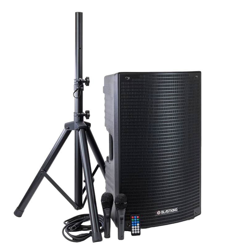 Blastking BDTII15C1 15" 1000W Powered PA Speaker Bundle with Stand & 2 Mics image 1