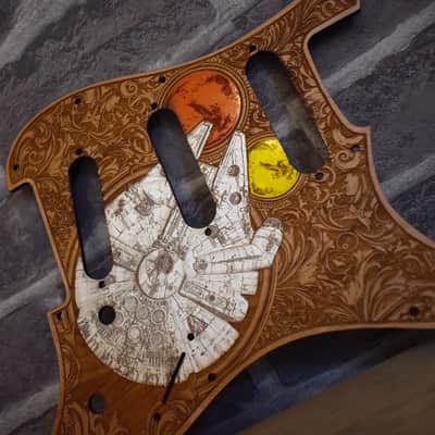 Hand-Painted Cherrywood Pickguard for Fender Stratocaster HSS/SSS – Laser-Engraved 'Stumble' Design image 2
