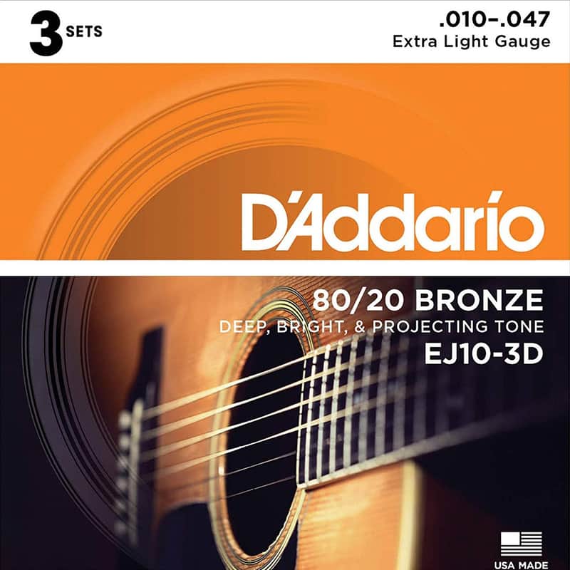 D'Addario EJ10-3D Bronze Extra Light Acoustic Guitar Strings, 10-47 (3) image 1
