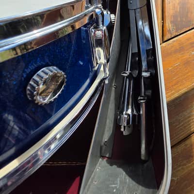 Vintage 1960s Whitehall (Made by Pearl) 14"x5" Blue Sparkle Snare, Stand, and Case image 16
