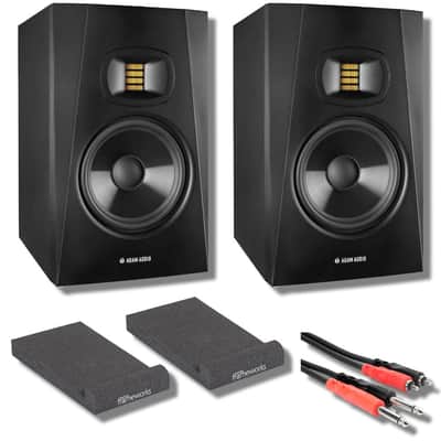 Adam Audio T5V Active Studio Monitor (Pair) with Gator Studio Monitor Isolation Pads, Hosa Technology CPR-203 1/4" to RCA and StreamEye Polishing Cloth image 1