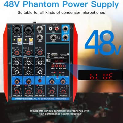 4 Channel Audio Mixer Portable Mini Sound Board Console with USB Audio Interface 48V Phantom Power Bluetooth USB MP3 DJ Mixer for Live Performance DJ Stage image 3