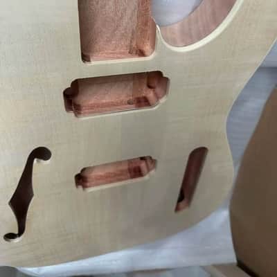 HH Mahogany Wood Guitar Tele Style Body, Tiger Veneer Maple Top, F Hole image 6