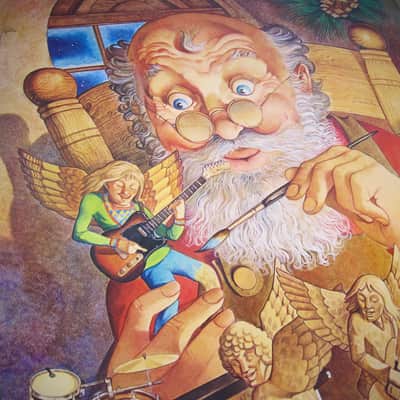 Fender Telecaster, Precision Bass, Rhodes & Twin Reverb Authentic Vintage Poster Christmas Campaign "Hark the Herald Angels Play" Artist Endicott Circa-1970's-Multi Color image 8