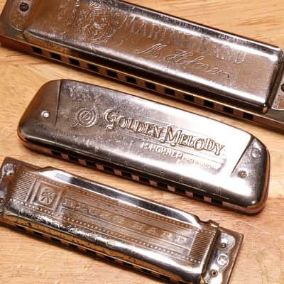 3 Vintage M Hohner Harmonicas Marine Band, Golden Melody & Blues Harp Keys G/C/G image 8