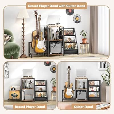 Record Player Stand, Guitar Stand for Acoustic, Electric Guitar, Bass with Amp Stand, 3-Tier Vinyl Record Storage Up to 200 Albums, Record Player Table for Record Player, Speaker, Amplifier image 6