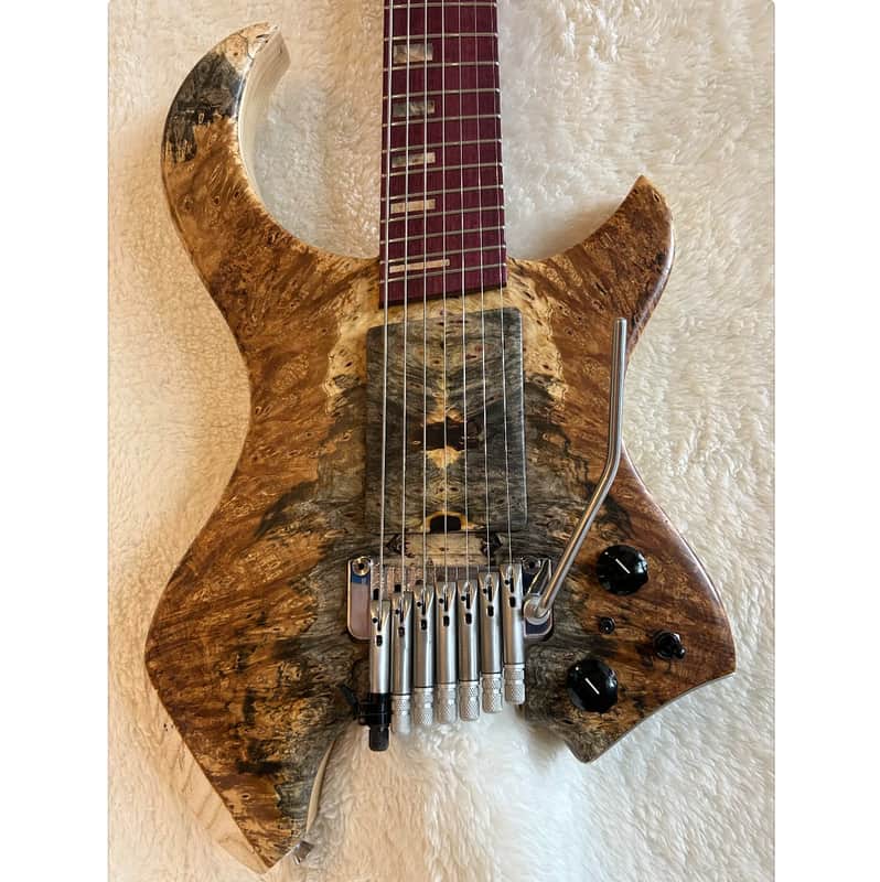 96 art Multiscale Headless 7 string Solidbody Guitar with Sophia Tremolo, Buckeye Burl, Ash, Purpleheart image 1