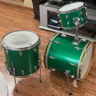 Vintage  Slingerland/Rogers Drum set 12" 14" 18" 1960s Green Sparkle Re-Wrap Kit image 3