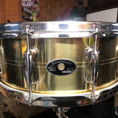 Slingerland Brass 10 lug 5"x14" lacquered Brass snare drum w/ DW MAG Throw off/3 position but plate image 2
