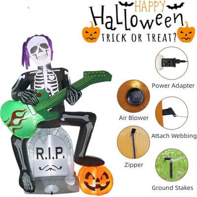 7FT Rocker Skeleton Halloween Inflatable w/ LED Lights | DJ & Music Decor image 5