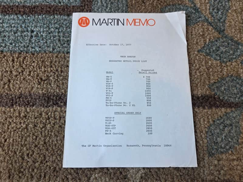 Vintage 1977 Vega (Martin Memo) Banjos Price List Sheet! Rare, Original Case Candy! image 1