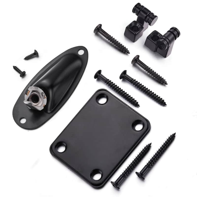 Black Set Guitar Strat Style Jack Plate, Neck Plate, String Trees Retainers image 1