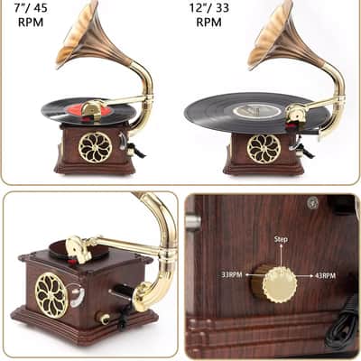 Vintage Wooden Record Player – Bluetooth, USB, AUX, FM Radio, Copper Horn Speakers (Walnut) image 5