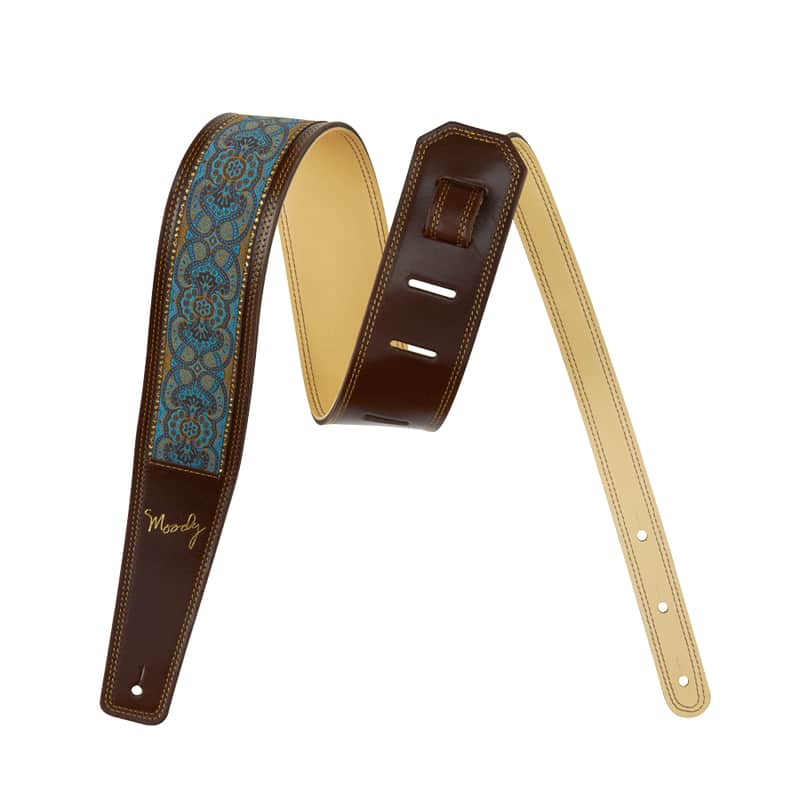 2.5" - Hippie Series - Leather Backed Guitar Strap - Brown/Cream/Blue Lace Standard (adjusts from 37" - 49") image 1