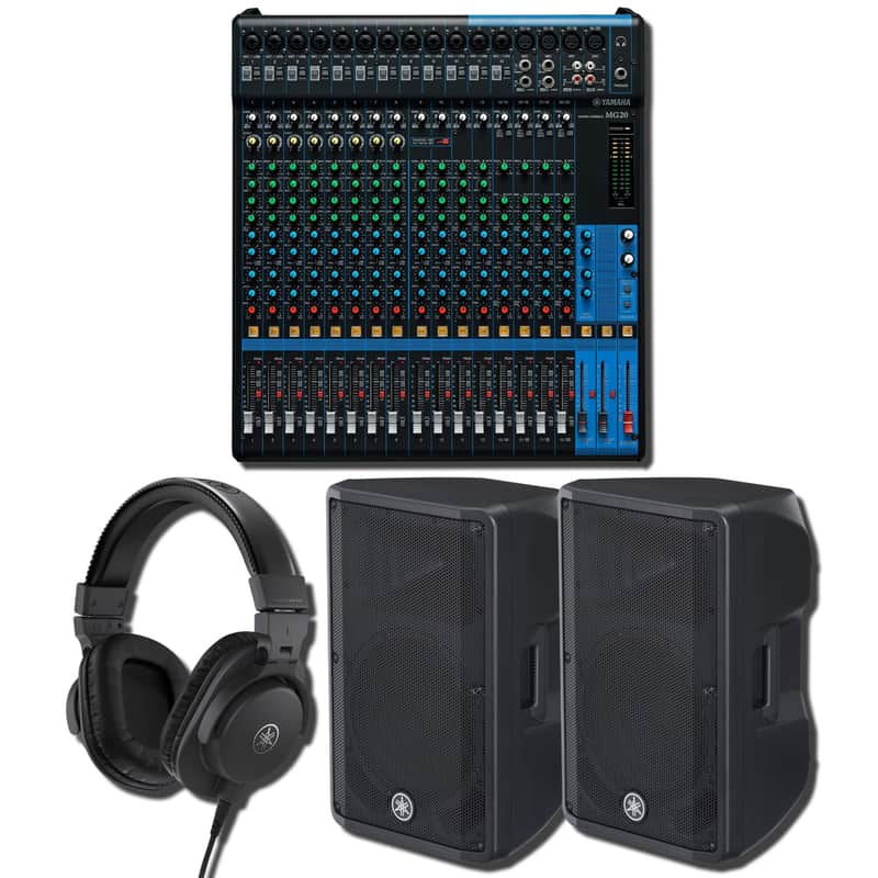 Yamaha MG20 20-Channel Analog Mixing Console with 2x DBR12 12-Inch 1,000W Powered Loudspeakers and HPH-MT5 Studio Monitor Headphones image 1