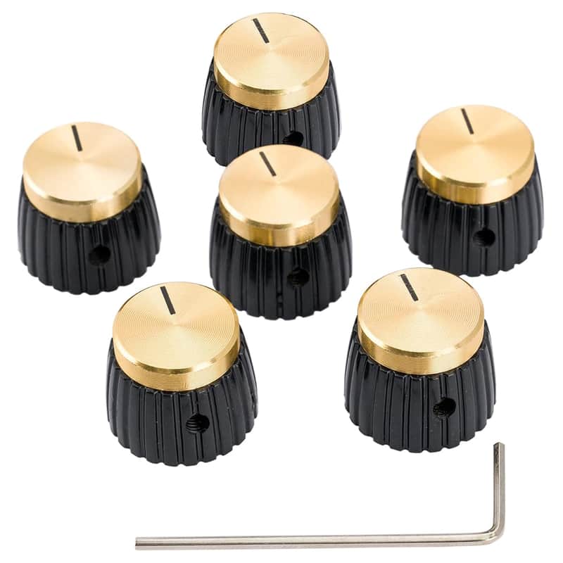 Pro Universal Guitar Amp Amplifier Push-On Knobs With Set Screw For All Potentiometers Marshall Amplifiers, Black With Gold Aluminum Top (Set Of 6) image 1
