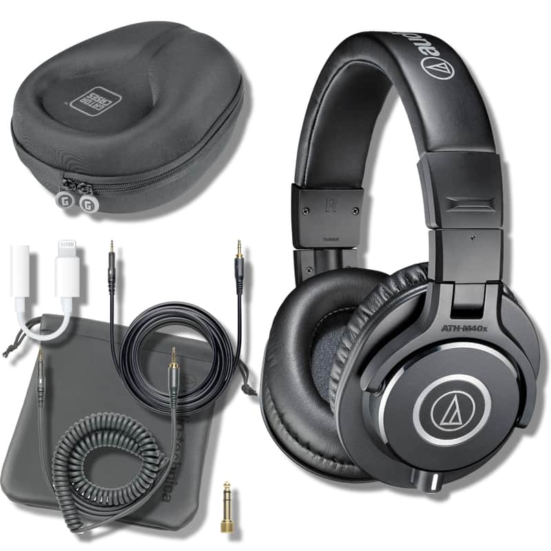Audio-Technica ATH-M40x Closed-Back Monitor Headphones with Gator Headphone Case for Folding and Non-Folding Headphones, Calrad 42-222 Lightning to 3.5mm Headphone Adapter and StreamEye Polishing Cloth image 1