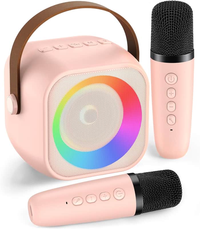 Karaoke Machine for Kids Adults, Mini Portable Bluetooth Karaoke Speaker with 2 Wireless Microphone and Lights, Birthday Gifts for Girls Ages 4, 5, 6, 7, 8, 9, 10, 12+ Family Home Party image 1