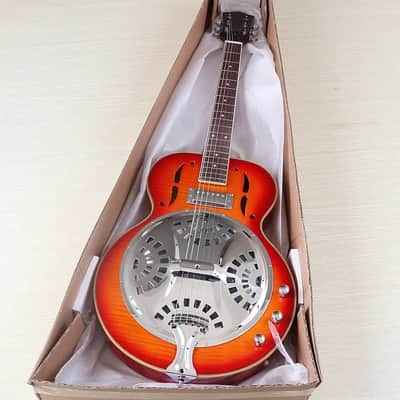 Cherry Burst Custom Resonator Electric Acoustic Guitar, Flamed Maple Top Body, Mahogany Neck image 2