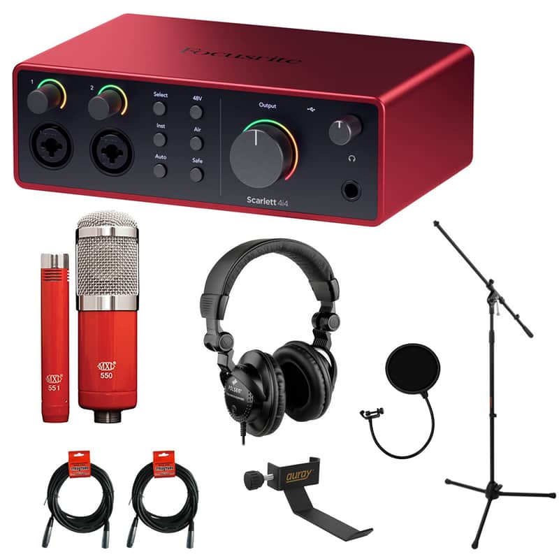 Focusrite Scarlett 4i4 USB-C Audio/MIDI Interface (4th Gen) Bundle with Studio Monitor Headphones, MXL 550/551 Microphone Ensemble Kit, Pop Filter, Mic Stand, Headphone Holder and 2x XLR Cable image 1