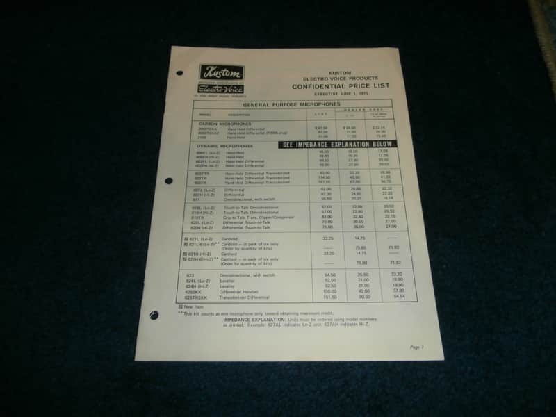 Vintage 1971 Kustom Electro-Voice Microphone Price List! image 1