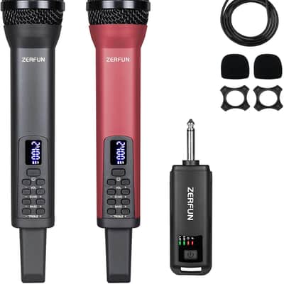Wireless Microphones Dual, Pro Handheld Cordless Mics System Dynamic with Echo Treble BASS VOL Control for Karaoke Singing Church Party, 1/4'' Output, D240, Grey&Red image 1