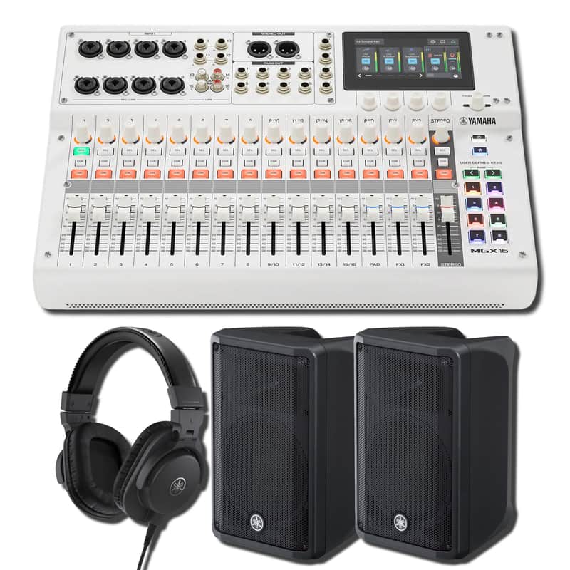 Yamaha MGX16 W 22-Channel Digital Mixing Console White Monitoring Studio Bundle with 2x DBR10 700W Powered Loudspeakers and HPH-MT5 Closed-Back Studio Monitor Headphones image 1