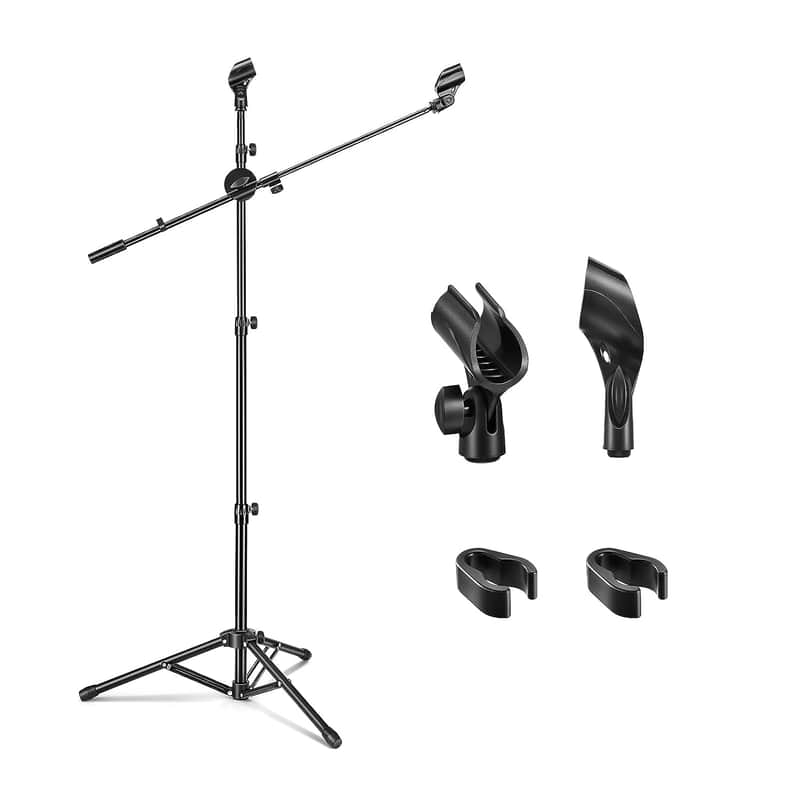 Microphone Stand, Tripod Boom Mic Stand With 2 Non-Slip Mic Clip Holders & 2 Foam Covers, Collapsible Adjustable Mic Stand For Singing, Karaoke, Stage And Outdoor Activities, Black, Mms-3 image 1