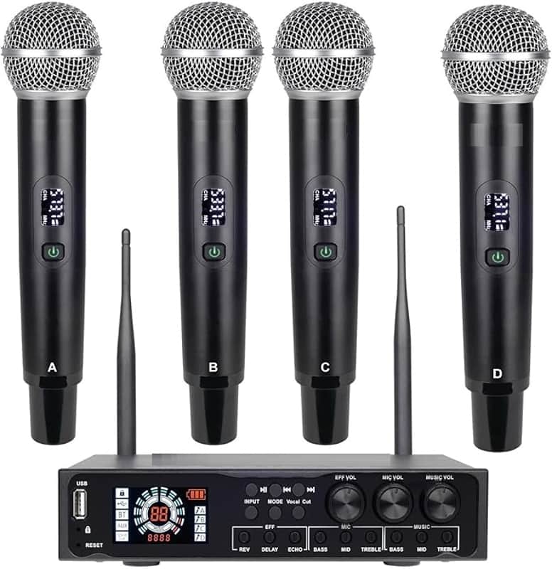 Rechargeable Wireless Microphone System Pro & Pre Effector, UHF Metal Handheld Cordless Mics with Vocal Cut, Bluetooth, USB Port, XLR, 1/4, Optical, RCA Input/Output, LCD Display, 4x50 Channel image 1