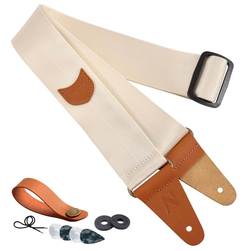 Guitar Strap With Pick Pocket, Vintage Nylon Full Grain Leather Ends Guitar Straps For Bass, Electric & Acoustic Guitar, With Strap Button, 1 Pair Strap Locks And 4 Guitar Picks (Beige) image 1