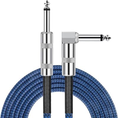 1/4 Inch Cable Guitar Cable 10 Ft Straight to Right Angle 1/4 Inch 6.35mm Plug Bass Keyboard Instrument Cable Blue and Black Tweed Cloth Jacket, Electric Mandolin, pro Audio image 1