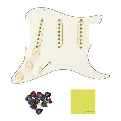 Fender Pre-Wired Strat® Pickguard, Custom Shop Fat 50's SSS, Parchment - 0992340509 Bundle w/ 12-Pack Guitar Pick and Liquid Audio Polishing Cloth image 1