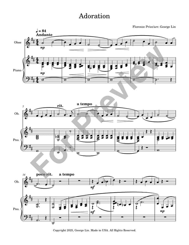 Oboe Sheet Music - Adoration (Florence Price) for oboe and piano image 1