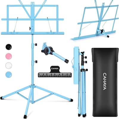 Folding Sheet Music Stand & Desktop Book Stand Lightweight Portable Adjustable with Carrying Bag, Metal Music Stand with Music Sheet Clip Holder Blue CY0204-3 image 1
