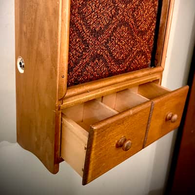 Rotary Connection Mini wallhanging guitar speaker cab. 5” Jensen Mod 5/30 speaker. Lil’ drawer for picks. Vintage style/sound. 2026 - Wood image 6