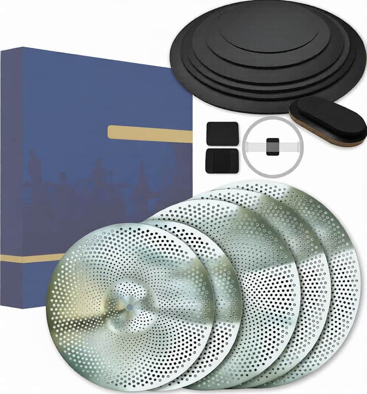 Rhythm Bytes Low Volume Cymbal Pack with Drum Silencer Pads, 13pcs, Cymbals Set - 14"/16"/18"/20", Drum Mute Pads - 8"/10"/12"/13"/14"/16", 1 Bass Mute, 1 Snare Wire Mute, Silver image 1