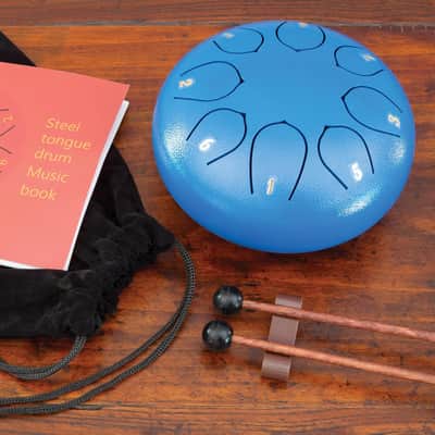 Eight Note Steel Tongue Drum Kit 6" steel tongue drum, songbook with instructions, set of stickers, 2 wooden mallets, 1 mallet holder, and a carrying bag. image 2