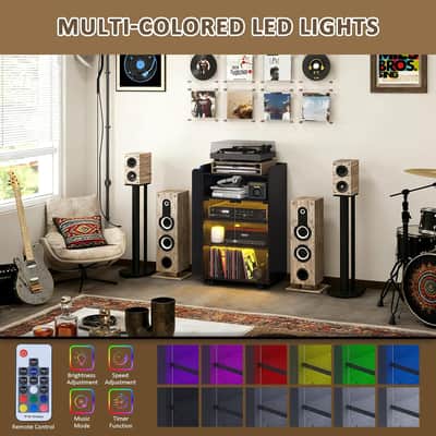 5-Tier Media Cabinet & Vinyl Record Storage Stand w/ RGB LED Lights, Glass Door, Power Outlets & Wheels – Black image 4