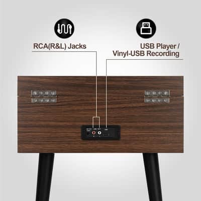 Espresso Turntable with Removable Stand – 3-Speed Vintage Record Player with Bluetooth, USB Recording & Built-In Speakers image 5