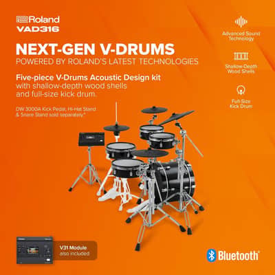 Roland VAD316 V-Drums | 5-Piece 3 Series Acoustic Design V-Drum Kit | V31 Sound Module | Advanced Sound Technology | Shallow-Depth Wood Shells & Full-Size Kick Drum image 2